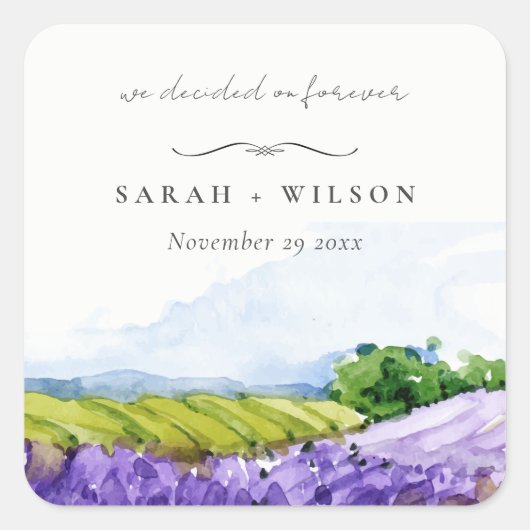 Rustic Elegant Waterverf Lavender Fields Wedding Vierkante Sticker (Voorkant)