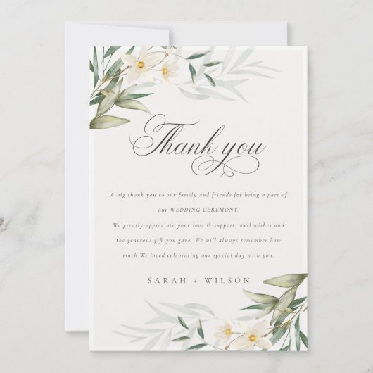 Rustic Elegant White Greenery Floral Wedding Bedankkaart (Voorkant)