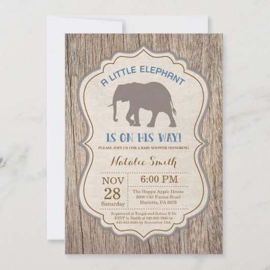 Rustic Elephant Baby shower Invitation garçon (Devant)