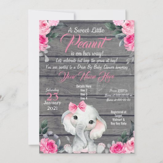 Rustic Elephant Drive Baby shower Uitnodiging roze (Voorkant)