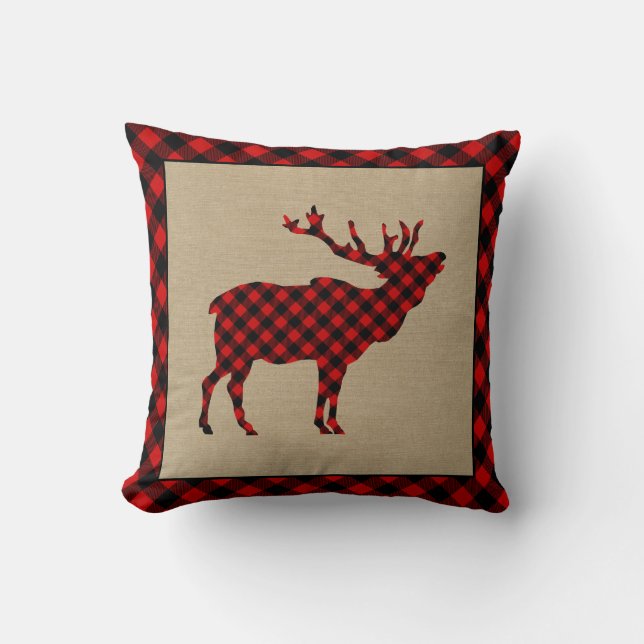 Rustic Elk Burlap en Red Plaid Kussen (Voorkant)