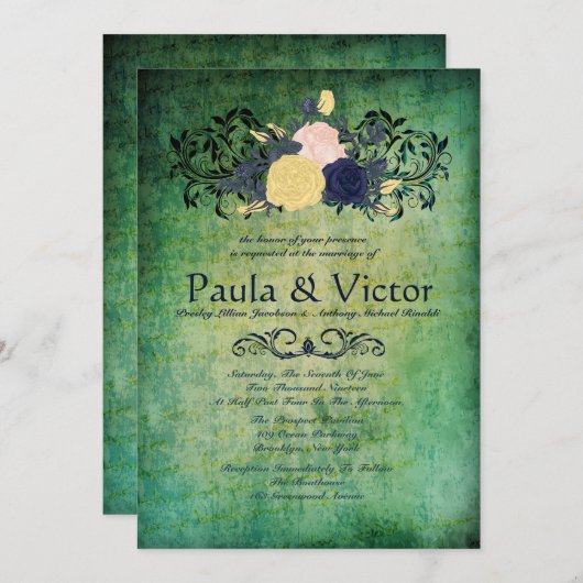 Rustic Emerald Floral Wedding Invitations Kaart (Voorkant / Achterkant)