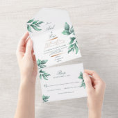 Rustic Emerald Green en Eucalyptus Wedding All In One Uitnodiging (Afscheurbaar)