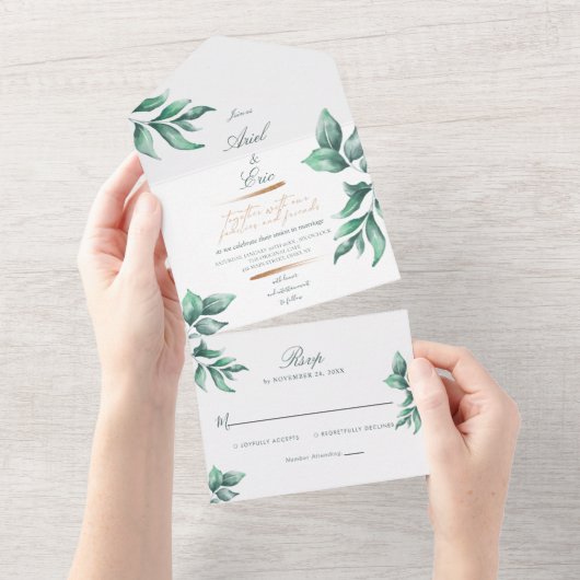 Rustic Emerald Green en Eucalyptus Wedding All In One Uitnodiging (Afscheurbaar)