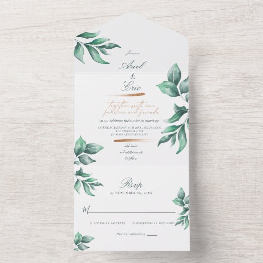 Rustic Emerald Green en Eucalyptus Wedding All In One Uitnodiging (Binnen)