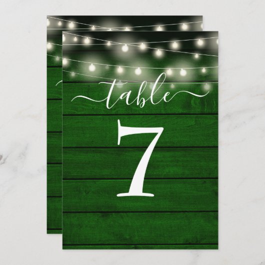Rustic Emerald Green String Lights Numéro de table (Devant / Derrière)