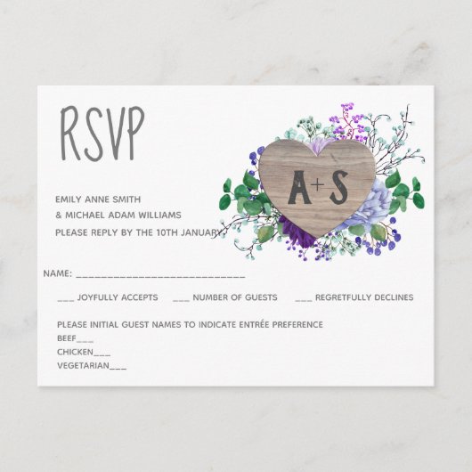 Rustic Engraved Heart Monogram RSVP Floral Wood Uitnodiging Briefkaart (Voorkant)