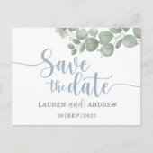 Rustic Eucalyptus Dusty Blue Wedding Save the Date Briefkaart (Voorkant)