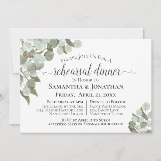 Rustic Eucalyptus en Greenery Rehearsal Dinner Kaart (Voorkant)