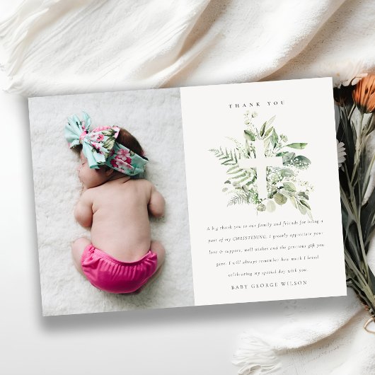 Rustic Eucalyptus Fauna Cross Foto Christening Bedankkaart