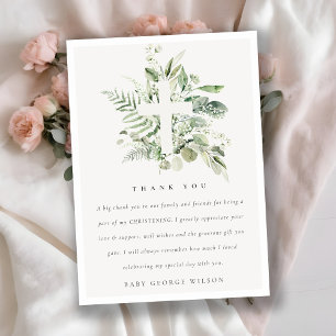 Rustic Eucalyptus Fern Foliage Cross Christening Bedankkaart