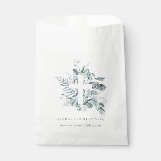 Rustic Eucalyptus Fern Foliage Cross Christening Bedankzakje (Voorkant)