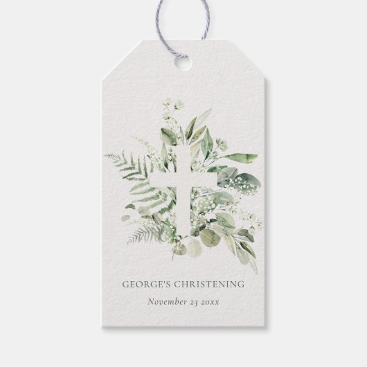 Rustic Eucalyptus Fern Foliage Cross Christening Cadeaulabel (Voorkant)
