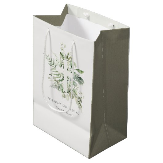 Rustic Eucalyptus Fern Foliage Cross Christening Medium Cadeauzakje (Voorkant Gekanteld)