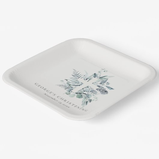 Rustic Eucalyptus Fern Foliage Cross Christening Papieren Bordje (Gebogen)