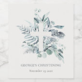 Rustic Eucalyptus Fern Foliage Cross Christening Wijn Etiket (Enkel label)