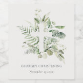 Rustic Eucalyptus Fern Foliage Cross Christening Wijn Etiket (Enkel label)