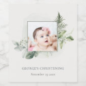 Rustic Eucalyptus Fern Foliage Foto Christening Wijn Etiket (Enkel label)