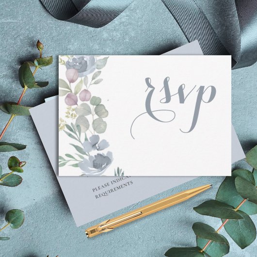 Rustic Eucalyptus Floral Dusty Blue Wedding RSVP Kaartje