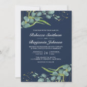 Rustic Eucalyptus Foto QR Code Navy Blue Wedding Kaart (Voorkant)
