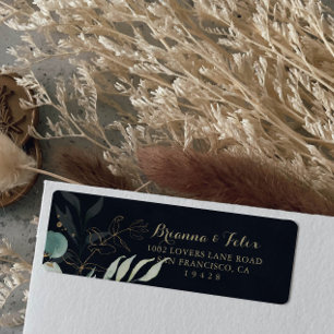 Rustic Eucalyptus Gold Floral Blue Return Address Etiket