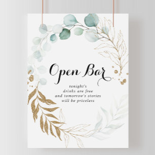 Rustic Eucalyptus Gold Wedding Open Bar Poster