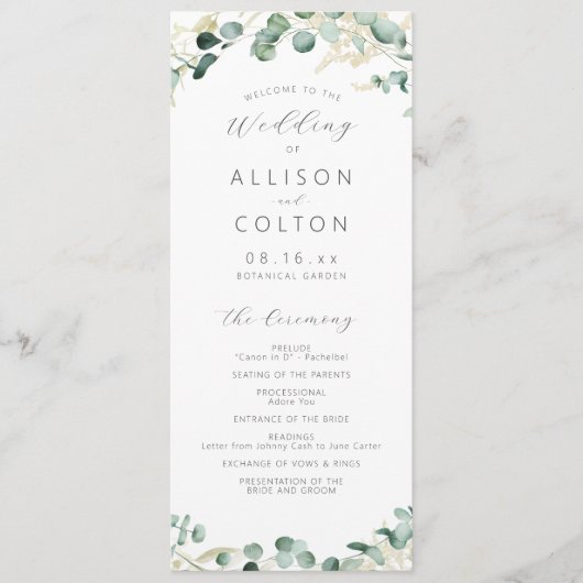 Rustic eucalyptus greenery boho bruiloft programma (Voorkant)