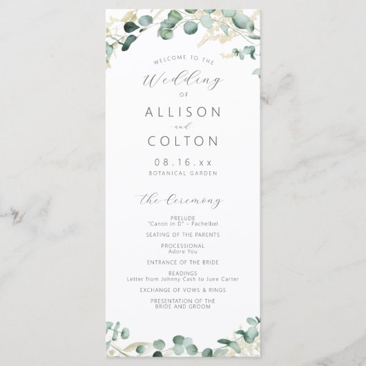 Rustic eucalyptus greenery boho bruiloft programma (Voorkant)