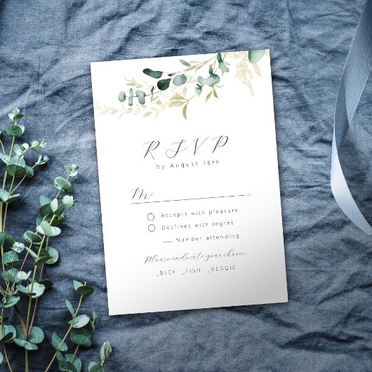 Rustic eucalyptus greenery boho bruiloft RSVP Kaartje