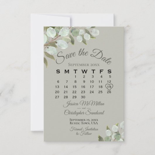 Rustic Eucalyptus Greenery Calendar Sage Wedding Save The Date (Voorkant)
