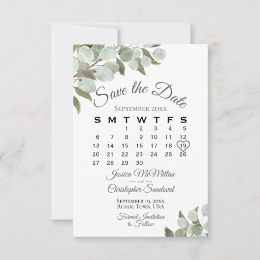Rustic Eucalyptus Greenery Calendar White Wedding Save The Date (Voorkant)