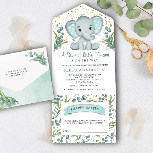 Rustic Eucalyptus Greenery Elephant Baby shower All In One Uitnodiging