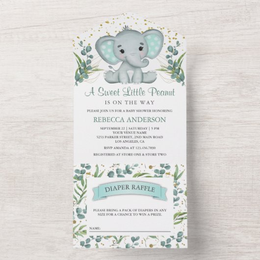 Rustic Eucalyptus Greenery Elephant Baby shower All In One Uitnodiging (Binnen)