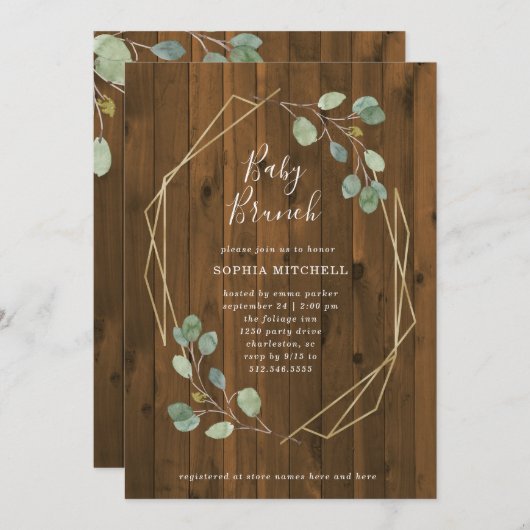 Rustic Eucalyptus Greenery Geometric Baby Brunch Kaart (Voorkant / Achterkant)