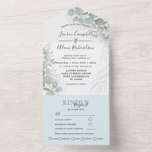 Rustic Eucalyptus Greenery Waterverf Wedding All In One Uitnodiging (Binnen)