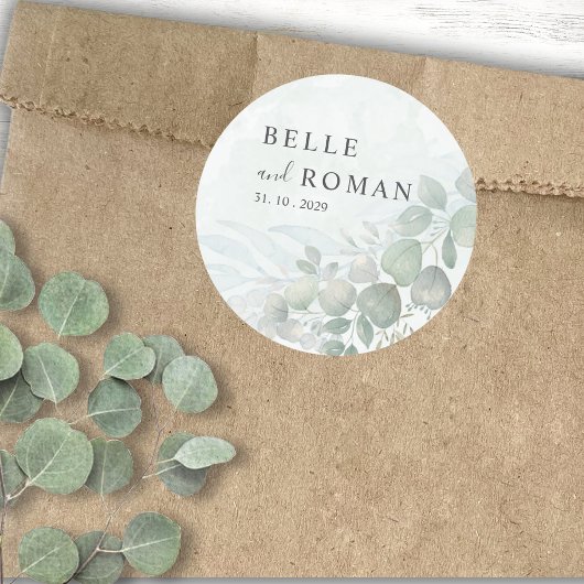 Rustic Eucalyptus Greenery Waterverf Wedding Ronde Sticker