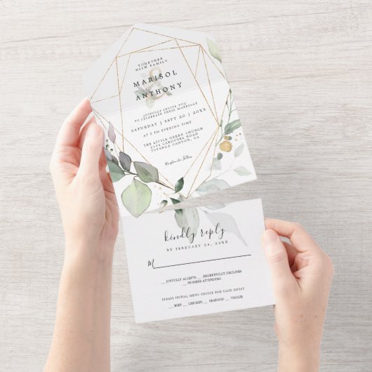 Rustic Eucalyptus Greenery Wedding All In One Uitnodiging (Afscheurbaar)