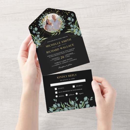 Rustic Eucalyptus Leaves Photo Black Wedding All In One Uitnodiging (Afscheurbaar)
