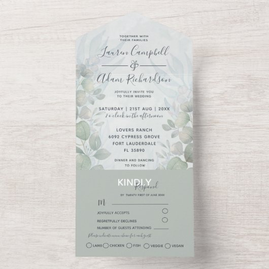 Rustic Eucalyptus Sage Green Waterverf Wedding All In One Uitnodiging (Binnen)