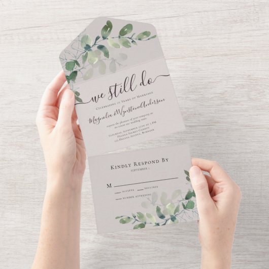 Rustic Eucalyptus Vow Renewal Ecru All In One Uitnodiging (Afscheurbaar)