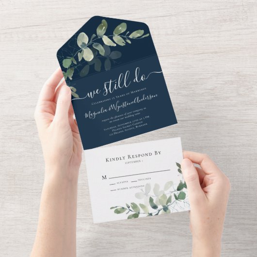 Rustic Eucalyptus Vow Renewal Navy Blue All In One Uitnodiging (Afscheurbaar)