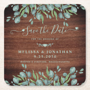 Rustic Eucalyptus Wood Weddenschap bewaart de datu Vierkante Kartonnen Onderzetter
