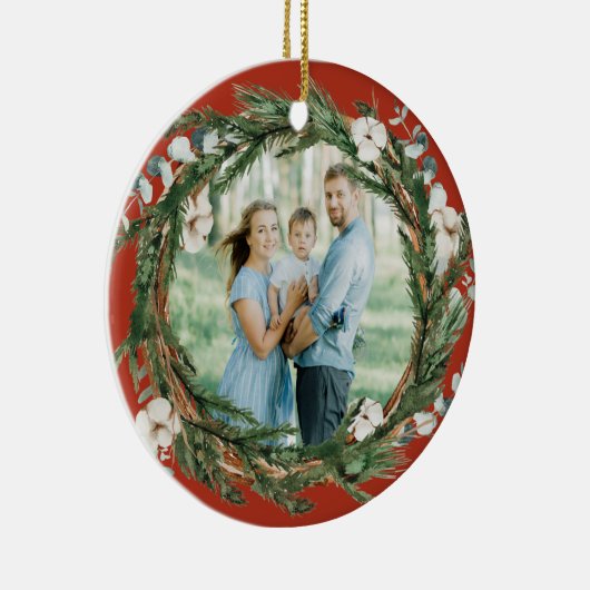 Rustic Eucalytus en Pine Wreate kerstfoto Keramisch Ornament (Rechts)