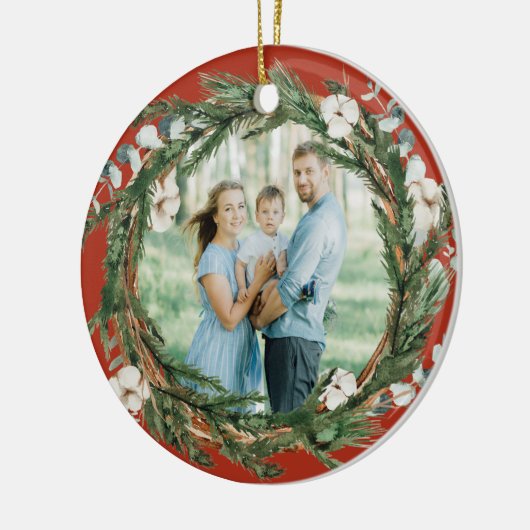 Rustic Eucalytus en Pine Wreate kerstfoto Keramisch Ornament (Links)
