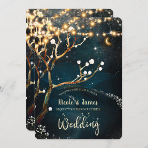 Rustic Evening Tree Lights Sterrennacht Wedding Kaart