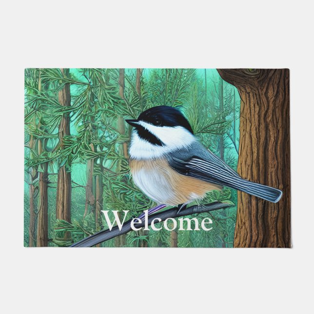 Rustic Evergreen Pine Chickadee Deurmat (Voorkant)