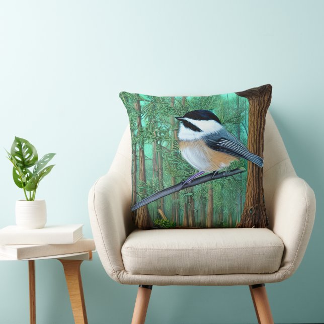 Rustic Evergreen Pine Chickadee Kussen (Stoel)