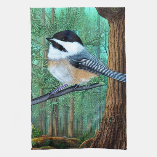 Rustic Evergreen Pine Chickadee Theedoek (Verticaal)