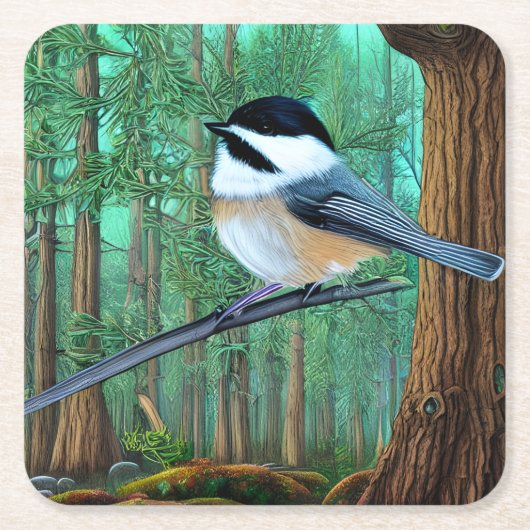 Rustic Evergreen Pine Chickadee Vierkante Kartonnen Onderzetter (Voorkant)