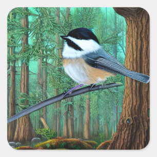 Rustic Evergreen Pine Chickadee Vierkante Sticker